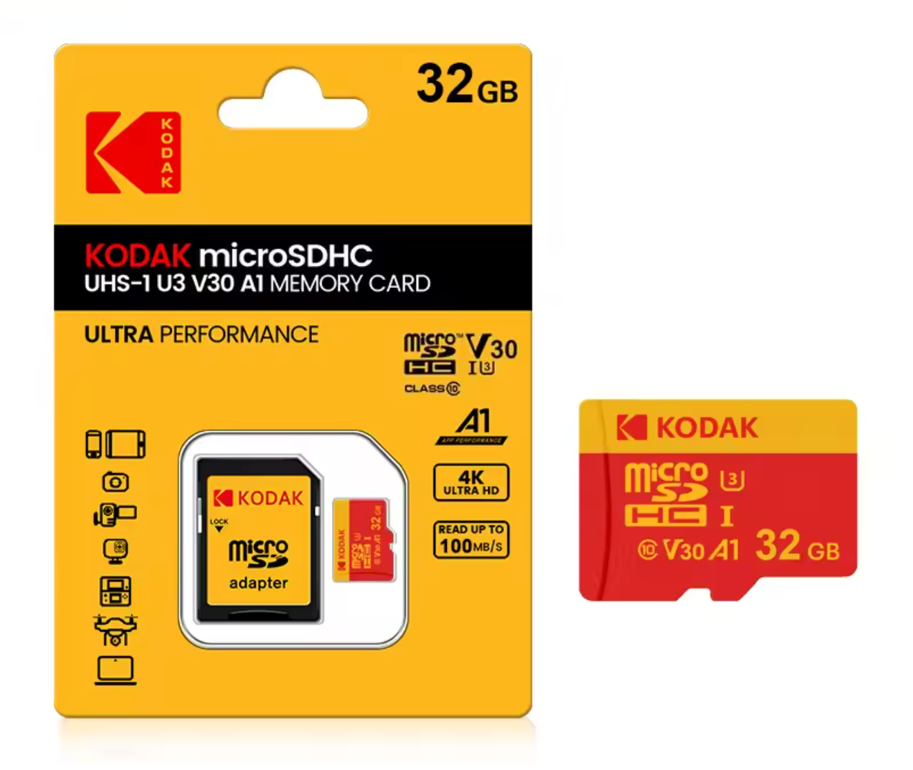 Kodak microSDHC 32GB UHS-I U1 Memory Card – incl. SD Adapter – Class 10 High-Speed Storage
